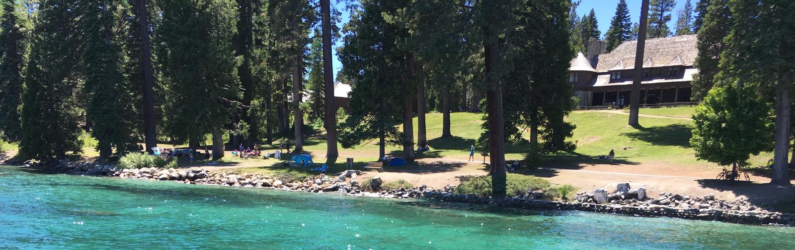 A child walking a rope at Lake Tahoe, Nevada.