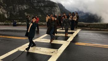 Tourists enjoying the views on their Yosemite day trip.